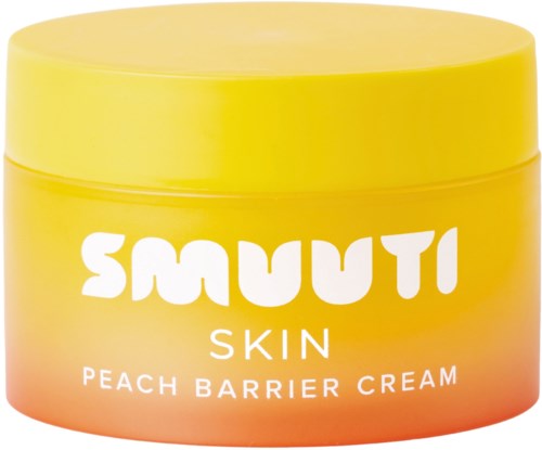 En rund, gul behållare märkt "Smuut Skin Peach Barrier Cream".