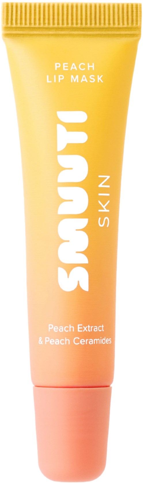 Läppmask i tube med gula och persika färger, säger 'Sunbum' och 'Peach Lip Mask' på den.