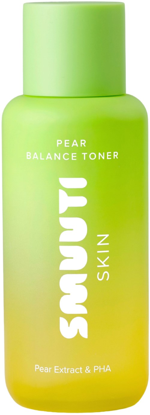 Grön flaska med hudtoner märkt 'Shiny Skin', med päronextrakt och PHA ingredienser.