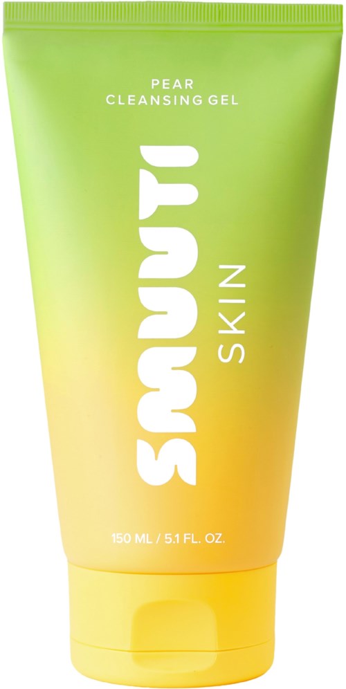 En grön och gul tub märkt 'Sunny Skin' med 'Pear Cleansing Gel' och information om storlek.