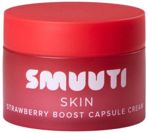 Rød æske med Smauki Skin Strawberry Boost Capsule Cream med hvid tekst foran.