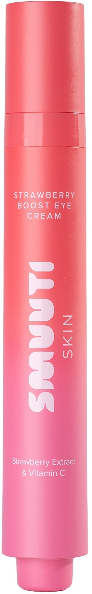 En rosa cylindrisk tub av ögonkräm märkta 'Strawberry Boost Eye Cream' med vitamin C och jordgubbsextrakt.