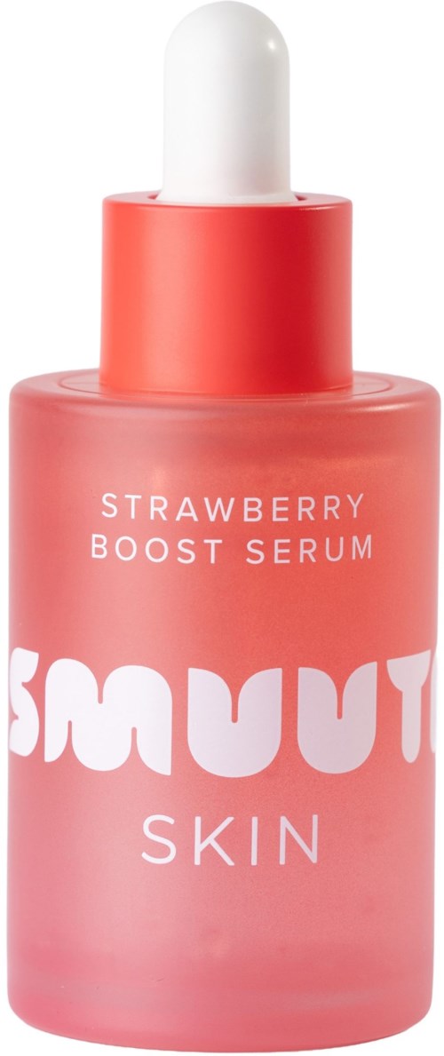Pieni vaaleanpunainen pullo tipatulpalla, merkattu 'Strawberry Boost Serum' ihonhoitoon.