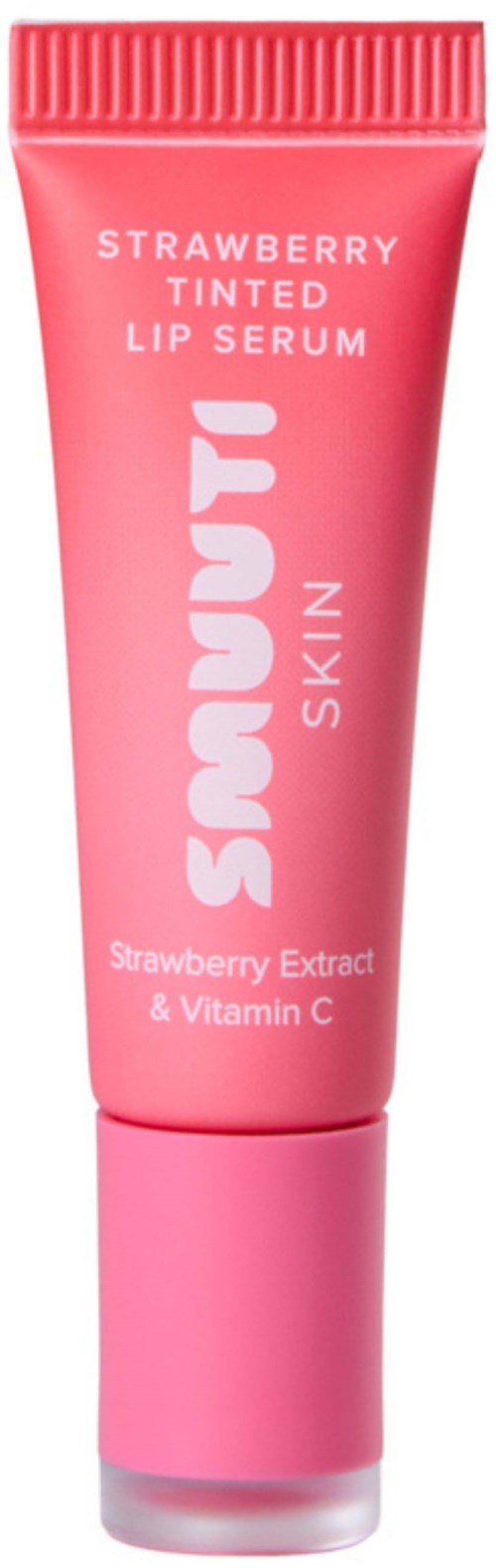 Pink tube af Bodhi Strawberry Tinted Lip Serum med hvid tekst, fremhæver jordbærudtræk og C-vitamin.