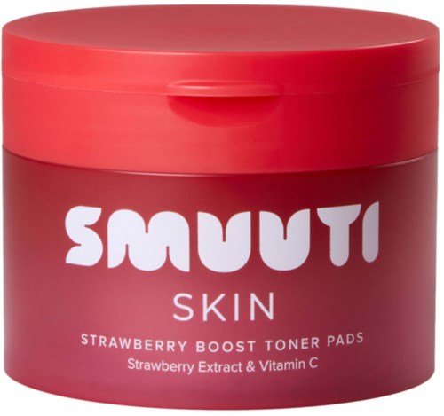 Rødt container af Smuti Skin Strawberry Boost Toner Pads med jordbær og C-vitamin.