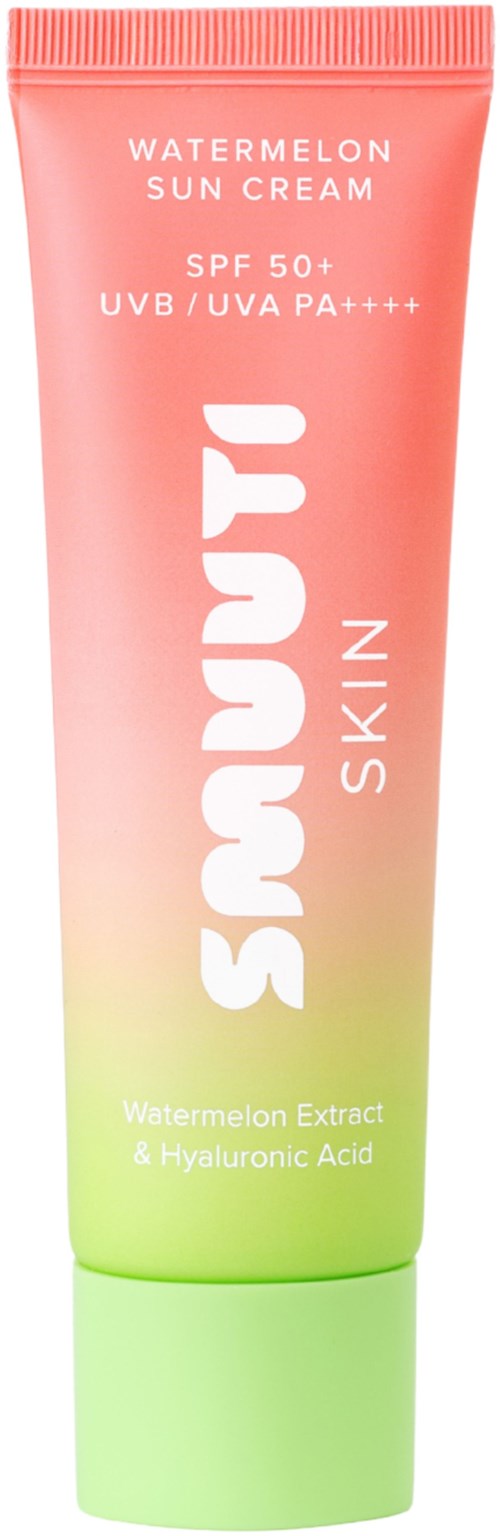 En aprikos och grön tub med etiketten 'Sunbud Skin Watermelon Sun Cream' med SPF 50+ och vattenmelonsextrakt.