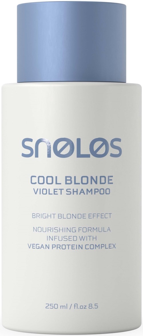 Biała butelka z jasnoniebieskim zatrzaskiem, oznaczona Cool Blonde Violet Shampoo, 250 ml.