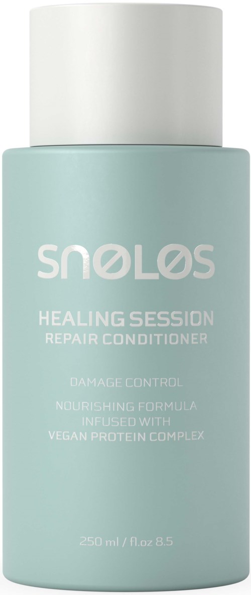 Jasnoniebieska butelka z białą nakrętką, oznaczona SULOS Healing Session Repair Conditioner, 250 ml, roztwór z wegańskim kompleksem białek.
