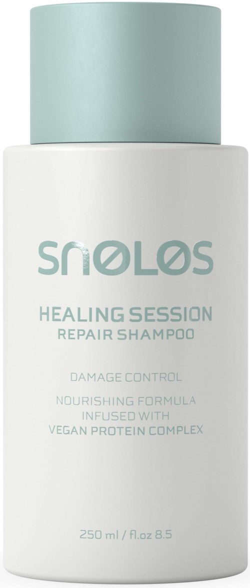 Biała butelka z jasno niebieską nakrętką, oznakowana 'Snöös Healing Session Repair Shampoo' do uszkodzonych włosów, z wegańskim białkiem.