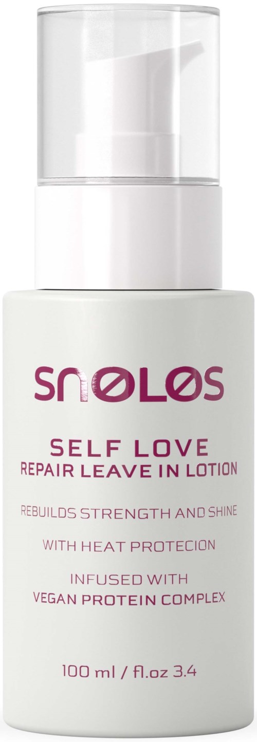 Biała butelka z pompką pokazuje "SENLOS SELF LOVE REPAIR LEAVE IN LOTION" do włosów, z informacjami o składnikach i korzyściach.