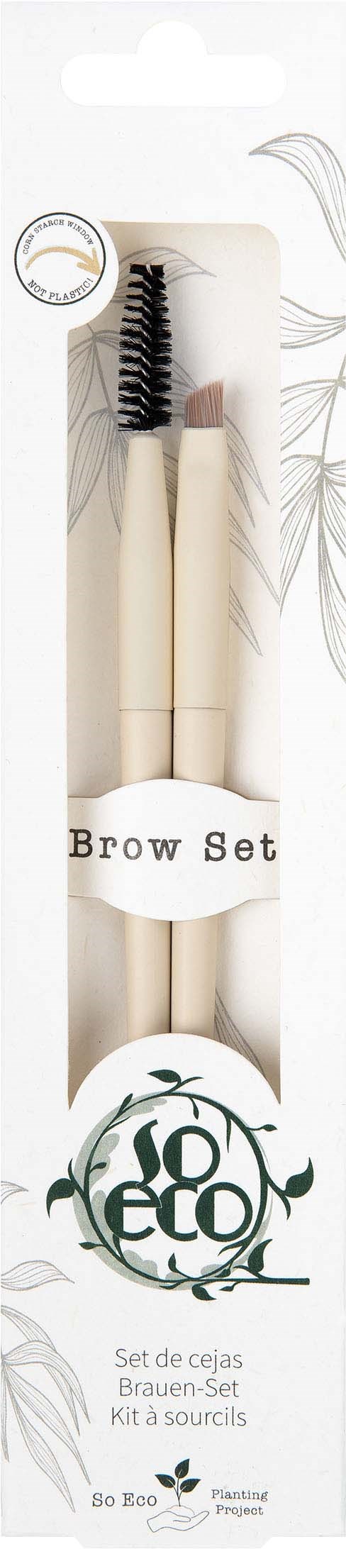 Wenkbrauwset met borstel en pincet in witte handvatten, verpakt in een witte kartonnen houder met milieuvriendelijk logo.
