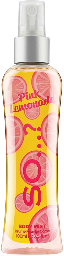 A clear body spray bottle with pink and yellow lemon slice graphics and pink text reading 'Pink Lemonade'.