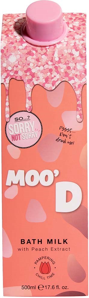 A pink bottle of Moo'D bath milk with peach extract. Pink cap, pink and white design, and playful text on the label.