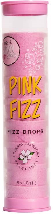 Pink container with bubbles, labeled 'Pink Fizz' and 'Fizz Drops', cherry blossom scent, 8 x 10g.
