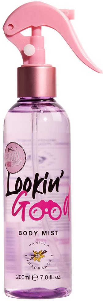 A pink spray bottle labeled "Lookin' Good" body mist, 200ml, with a pink spray nozzle and a clear purple liquid.