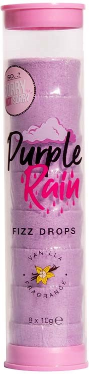 A container of purple, pink, and white fizzy bath bombs labeled 'Purple Rain' with vanilla scent.