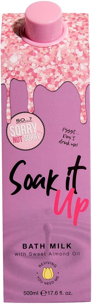 Pink bath milk carton with a cap, glittery top, and playful text promoting relaxation and almond oil.
