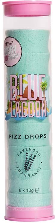 A cylindrical container with pink lids holding blue and white fizz drops, lavender fragrance, and colorful logo design.