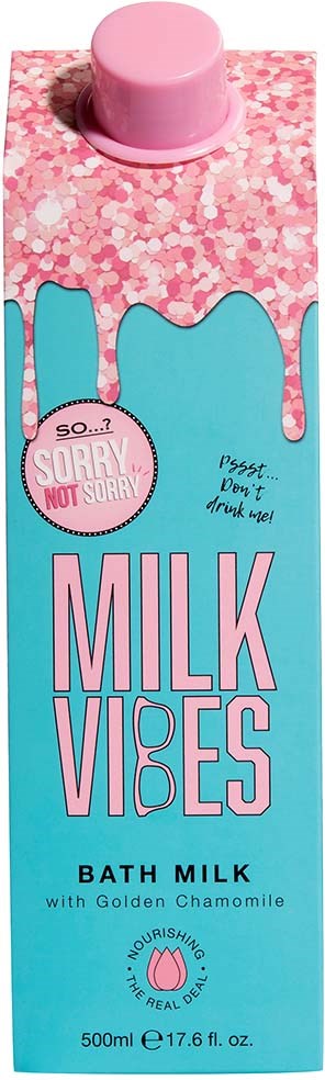 A bath milk carton with pink and blue colors, a pink lid, and the words 'Milk Vibes' and 'Bath Milk' on it.