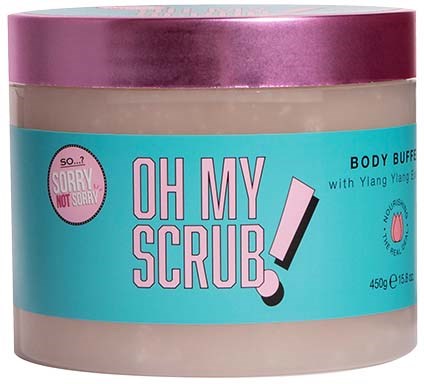 A round container of body scrub with a pink lid, labeled "Oh My Scrub!" in pink and blue, with extra words.