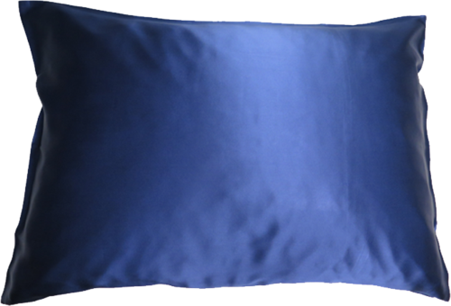 A dark blue satin pillow with a shiny surface and smooth texture.