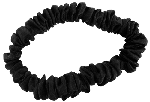 En svart tyg-hårsnodd i cirkulär form, med samlad och elastisk material.