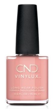 En flaska rosa nagellack med svart lock, märkt CND VINYLUX, verkar vara ett hållbart gelnagellack.