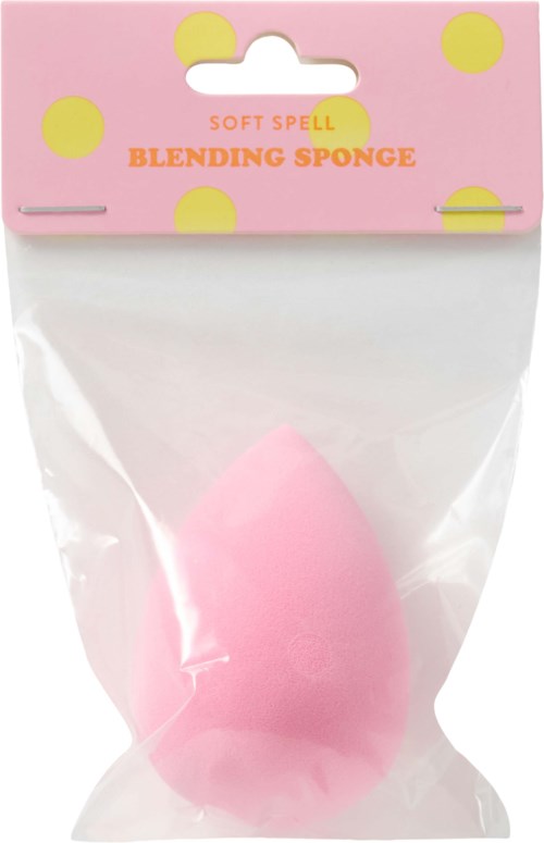 Pink blandningssvamp i genomskinlig plastpåse med rosa och gula förpackningar. Lämplig för applicering och bländning av makeup.