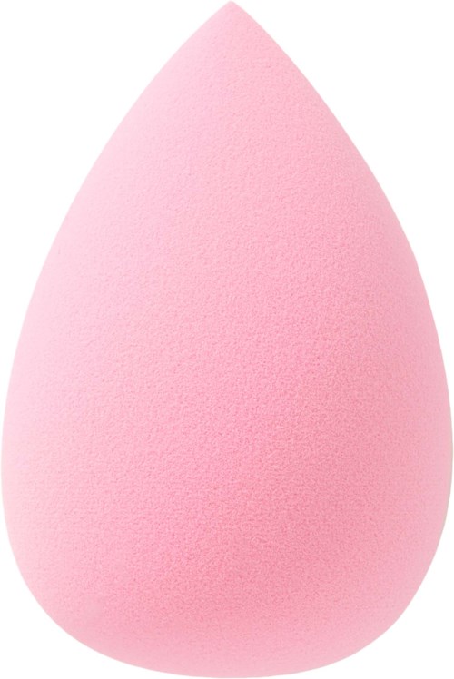 En mjuk rosa sminksvamp i droppform med rund botten.