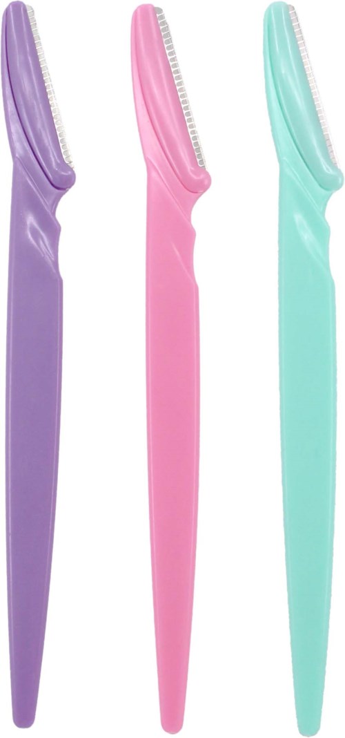 Three colorful eyelash curlers in purple, pink, and mint green. They have curved handles and metal curling parts.