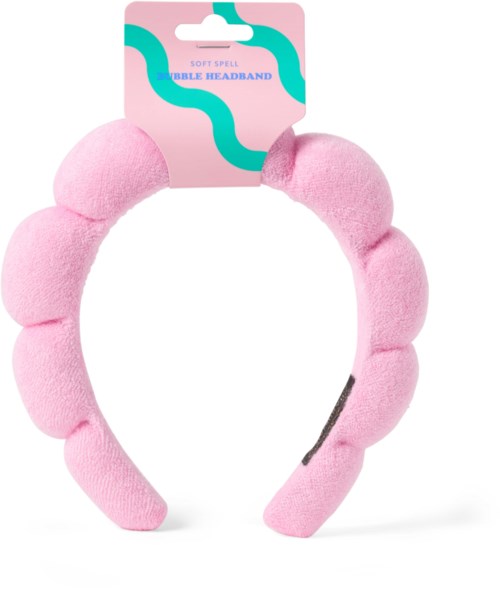 Pinkki pehmoinen otsapanta, jossa on kuplia ja pakkausmerkintä 'Bible Headband.'