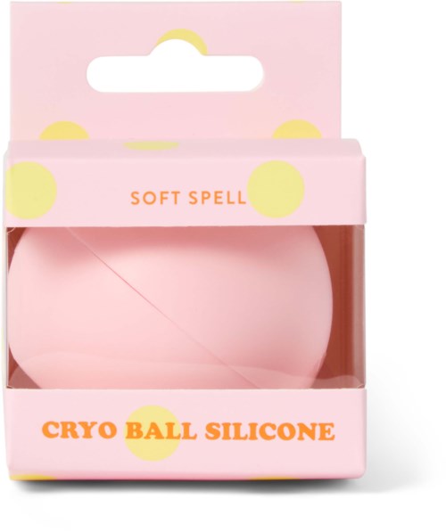 Różowa gąbka do makijażu z silikonu w opakowaniu z napisami Soft Spell i Cryo Ball Silicone.
