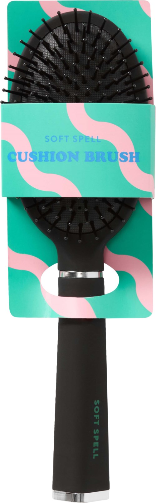 Musta hiusharja värikkäissä pakkauksessa, jossa lukee 'CUSHION BRUSH'.