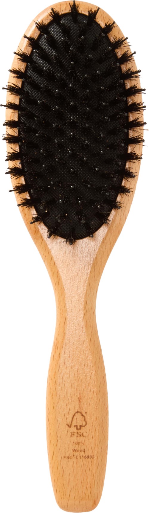 A wooden hairbrush with black bristles against a white background.