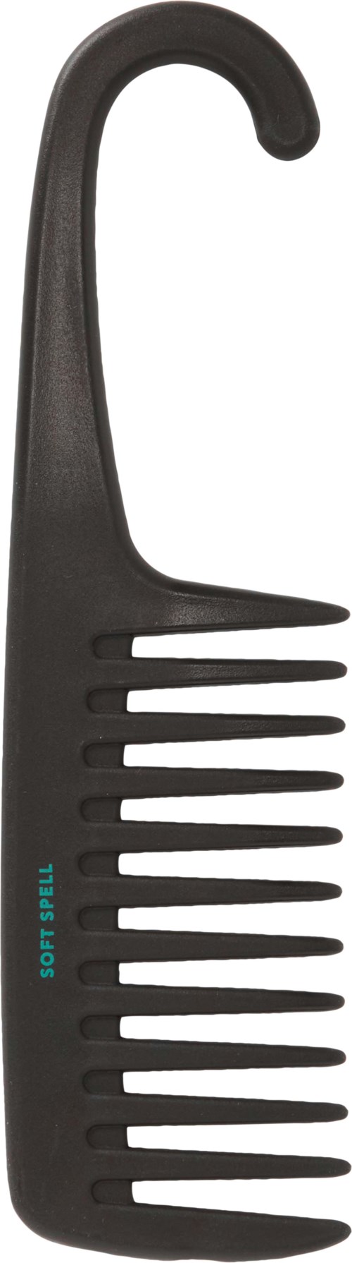A black hair comb with a hook, wide teeth, and the words "SOFT FILL" on it.