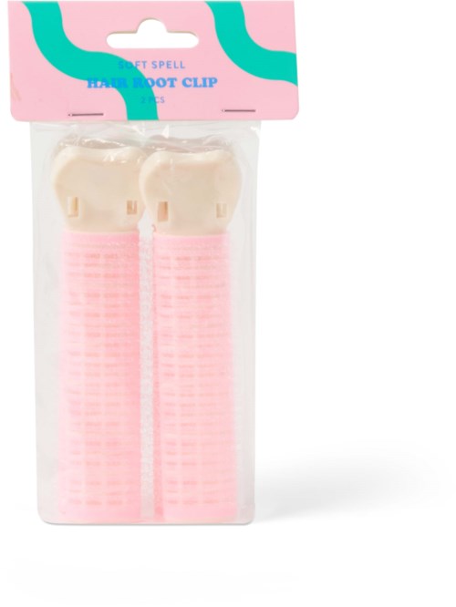 Rosa mjuka hårrotklämmor i genomskinlig plastförpackning med rosa och blå etikett.