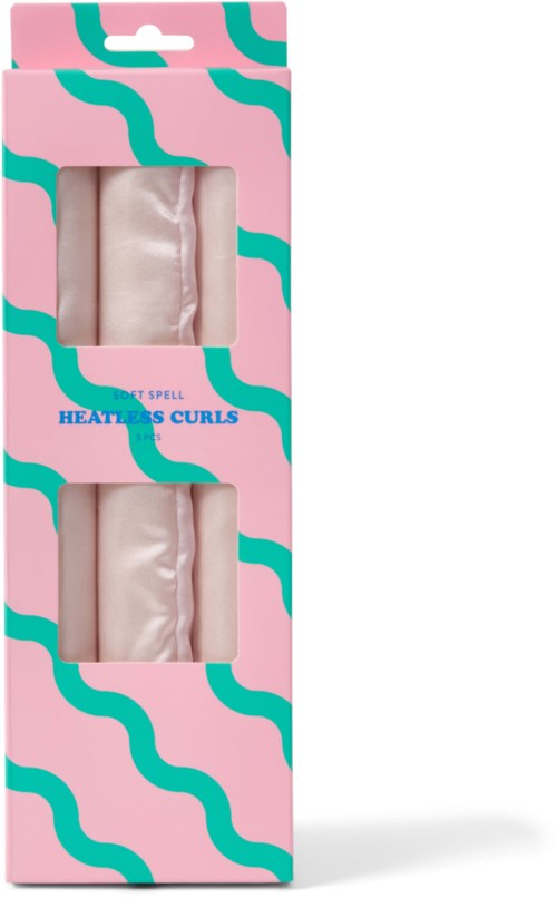 A pink box with teal wavy lines contains two hair curlers, labeled for heatless curls.