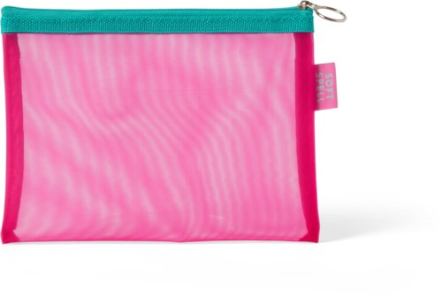 Pinkki vetoketjullinen laukku, jossa on teal-värinen vetoketju ja pinkki tarra, jossa lukee 'sos'.