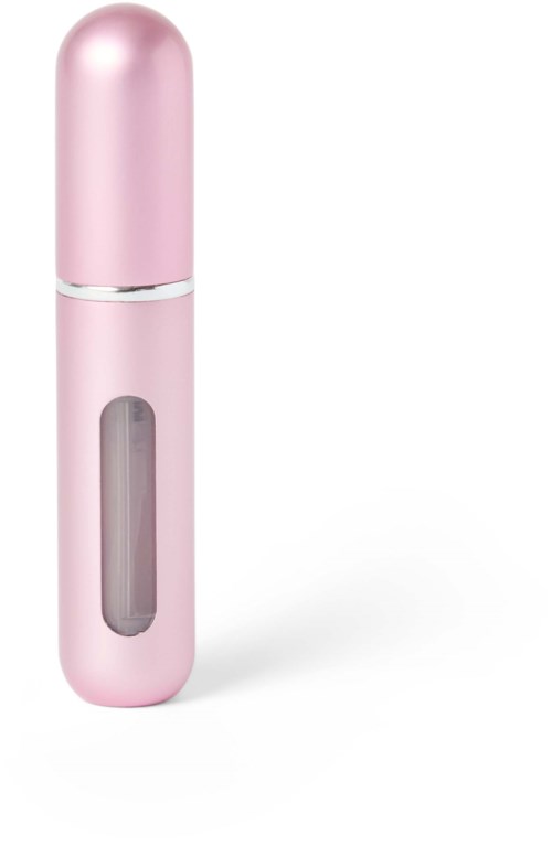 En rosa bärbar mistspray med ett tydligt fönster som visar vätskan inuti.