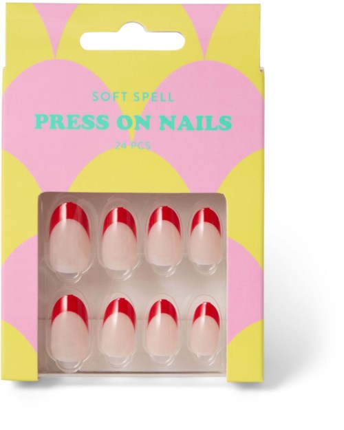 Boks med 24 selvklæbende neglestubber med rød og hvid fransk manicure i farverigt emballage.