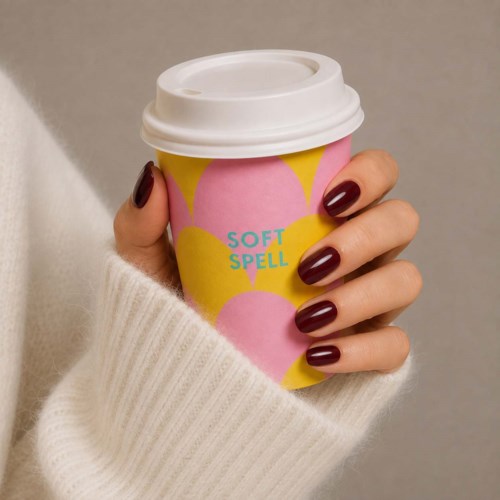En hånd holder en farverig kaffekop med hvid låg, negle malet mørkerød, iført en hyggelig hvid sweater.