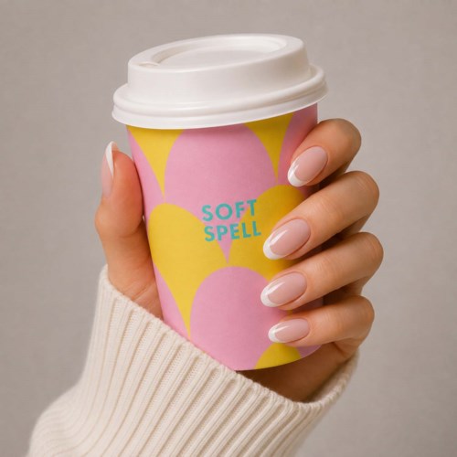 En hånd med velplejede negle holder en farverig kaffekop med hvid låg, med teksten Soft Spell.
