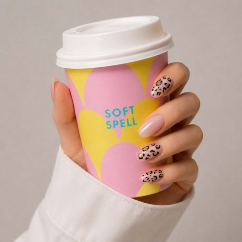 En hånd med leopardmønstrede negle holder en farverig papkopp med hvid låg, mærket Soft Spell.