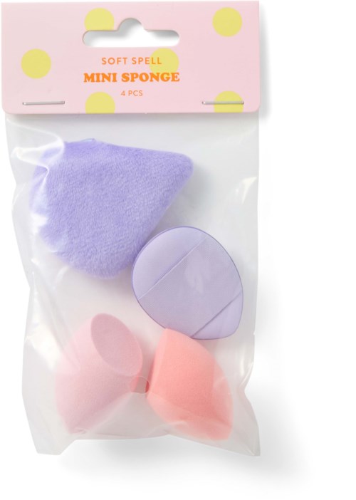 Fyra mjuka mini-svampar i lila, rosa och persika, med en rund lila behållare, i genomskinlig plastförpackning.