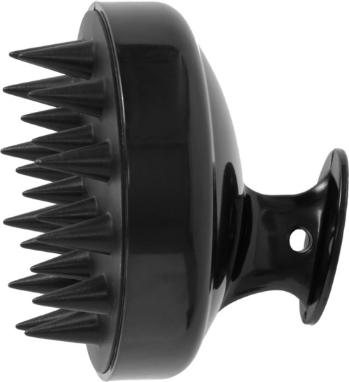 A black massage tool with multiple spikes, designed to stimulate and massage muscles or scalp.