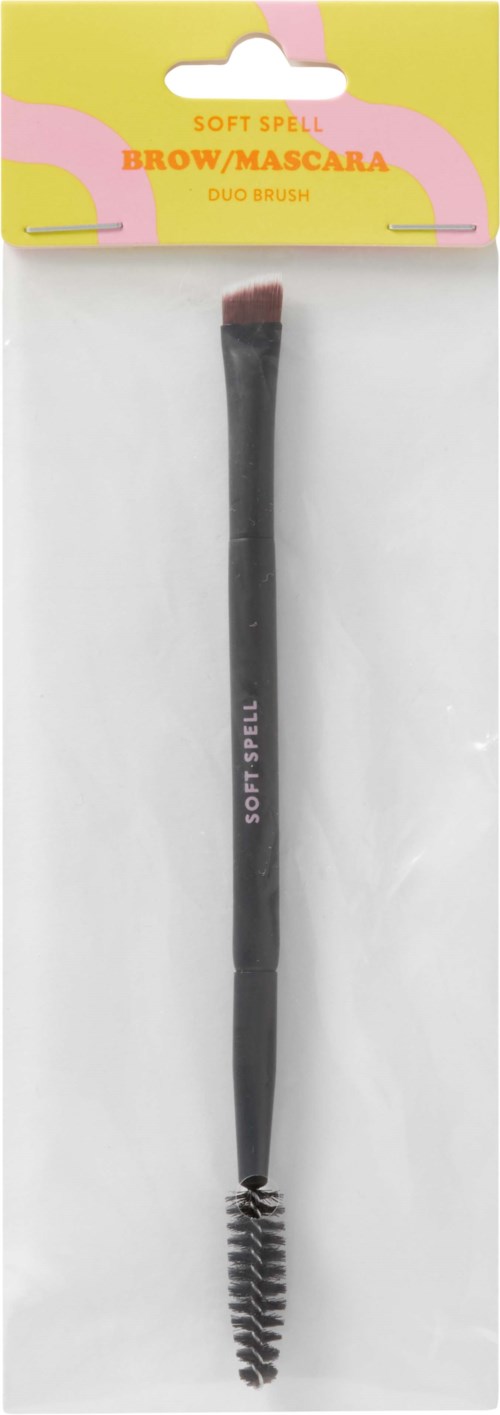 En mjuk spaltbryn- eller mascara-borste med en böjd handtag i tydlig förpackning.