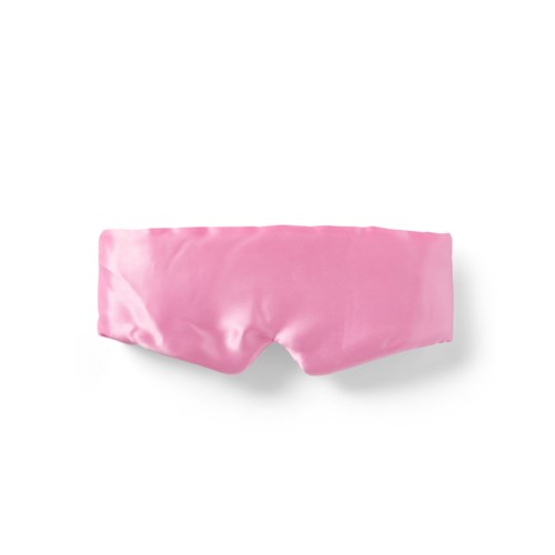 Pink satin sleep mask with a smooth, shiny surface and a slight curve designed for comfortable fit.