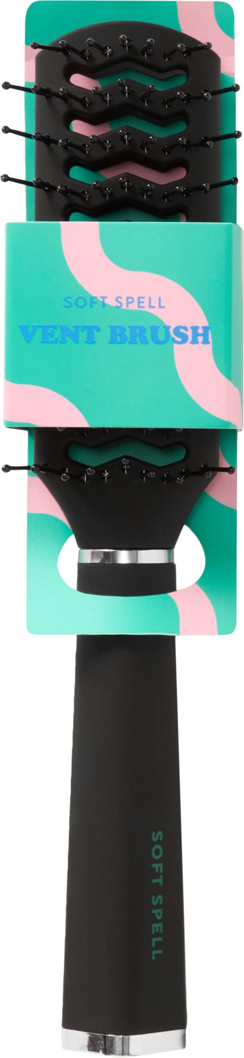 Ett set med ventilborstar med flera svarta borstar, rosa och blå accenter, och ett svart håndtag.