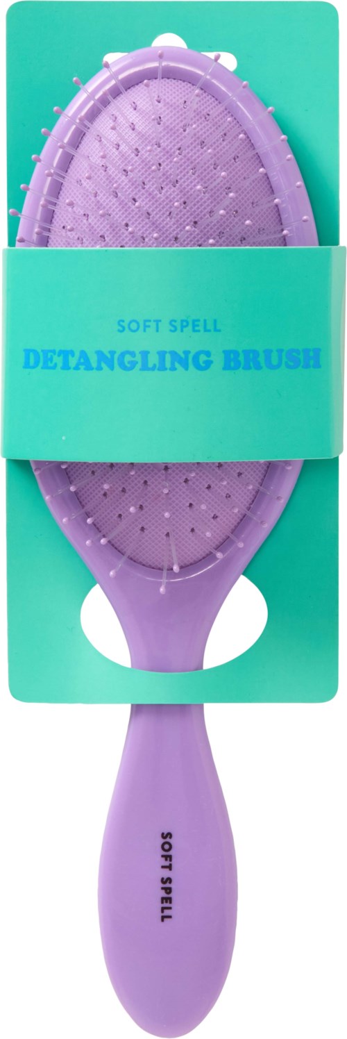 Violetti hiuksen selvityskampa pehmeillä, joustavilla harjaksilla ja kahvalla. Tuote on nimeltään "Soft Spell Detangling Brush."