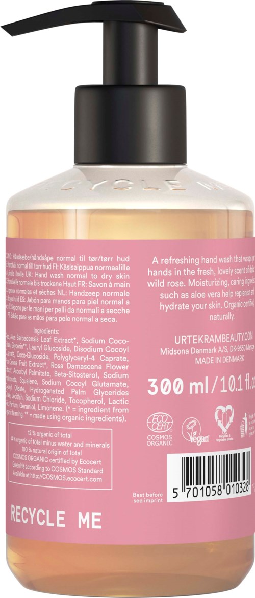 En klar såpedispenser med svart pumpe og rosa etikett som viser produktdetaljer og resirkuleringssymbol.